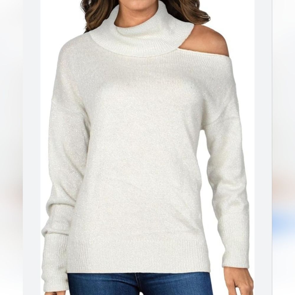 PAIGE Raundi Ivory Silver Metallic Cold Shoulder Relaxed Sweater Size XL